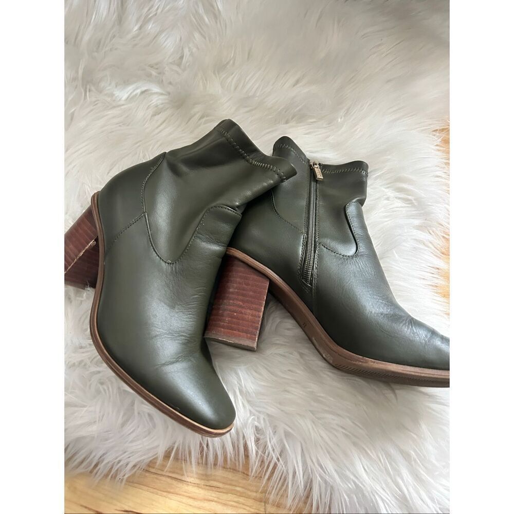 Aldo green Marta Khaki Ankle Boot w stretchy top sz 7 chunky heel comfy leather
